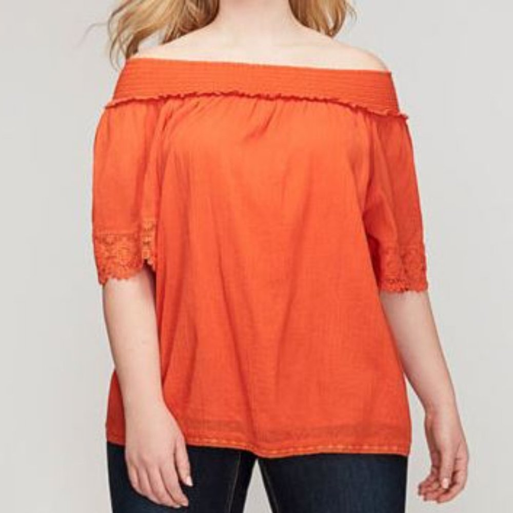 Lane Bryant Orange Crochet Off Shoulder Gauze Top